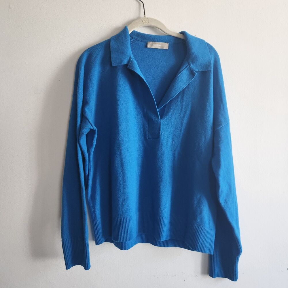 Everlane cashmere polo sweater in blue royal v neck long sleeve L court academia